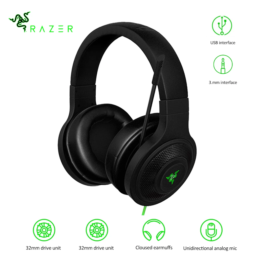  Razer kraken Essential Standard Headphone Noise Isolating Over-Ear Wired Gaming Headset Analog 3.5m