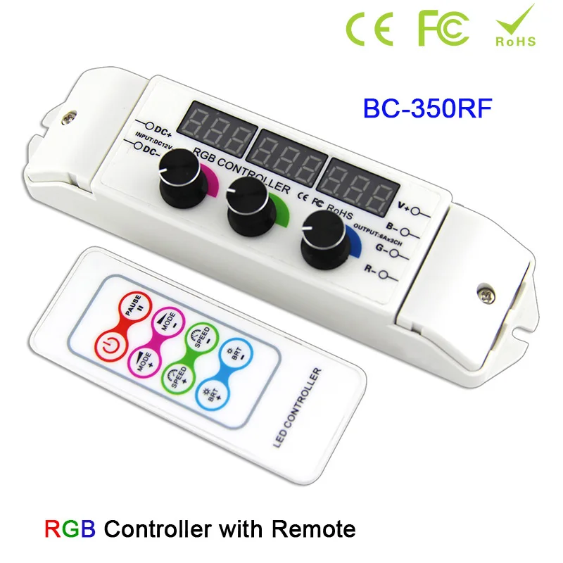 

BC-350/BC-350RF DC12V 24V 6A*3CH rotary CV multi function light display LED RGB strip light Controller with wireless Remote