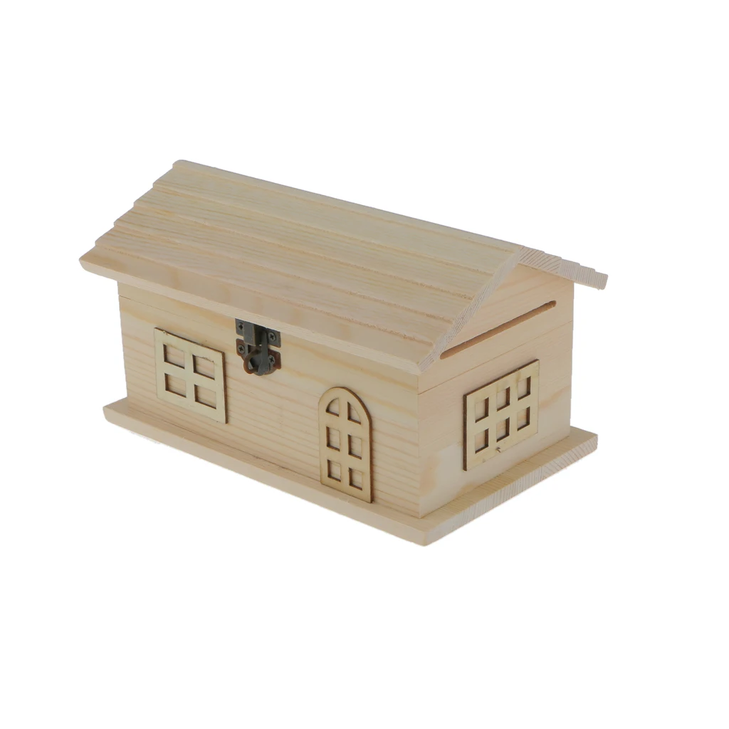 Unfinished Wooden House Shape Piggy Bank Jewelry Storage Box DIY Kids Crafts