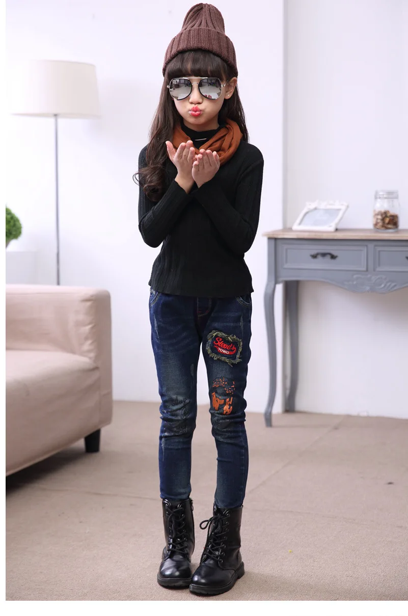 Girls Brushed And Thick Jeans Trousers Children Big Boy Young STUDENT'S Autumn And Winter Oil Painting Skinny Slim Fit Pants