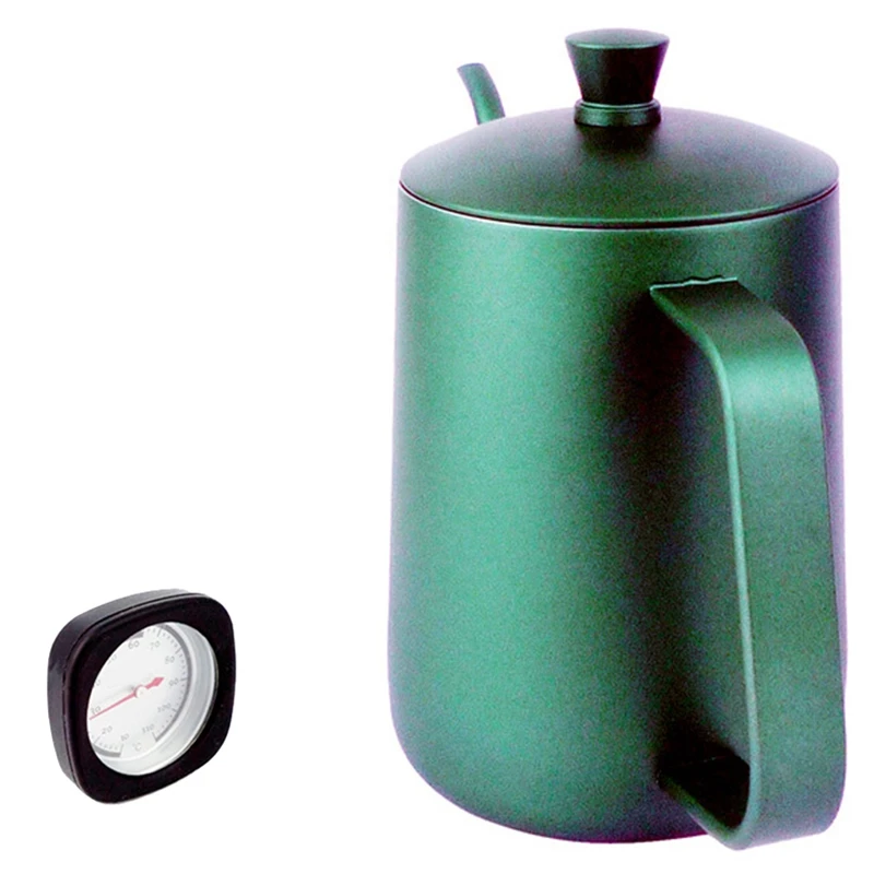 

Stainless Steel Coffee Kettle 600Ml Teflon Coating Long Mouth Spout Teapot Water Jug with Thermometer Coffee Pot Tools Green