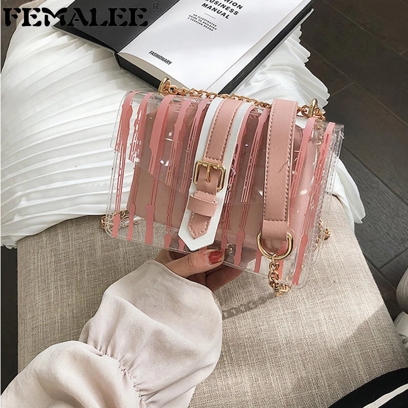 

Jelly Clear Summer 2019 New Women Chains PU Transparent Handbag Elegant Lady Striped Korean Shoulder Bag Female Cross Body Bag