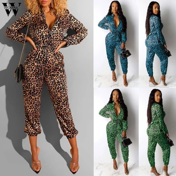 

Womail jumpsuit women Elegant fashion Leopard Print long sleeve long Playsuit Ladies Romper Overalls Wide Leg Playsuit Workwear