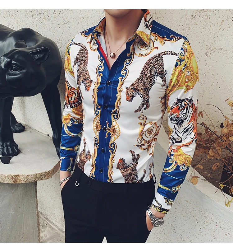 Гавайская рубашка, повседневная мужская рубашка, Мужская одежда, Camisa Homem, весна, уличная одежда, длинный рукав, принт с животными, мужская рубашка