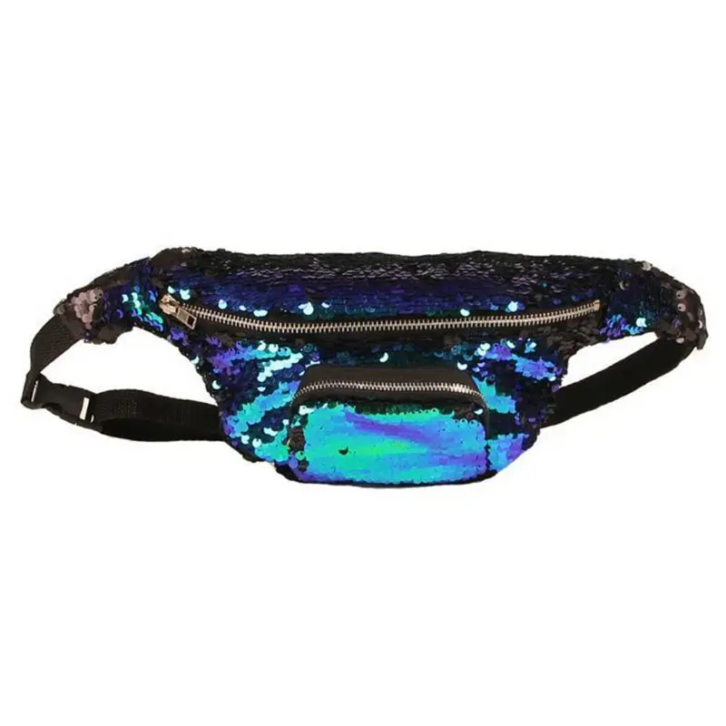 Women Adjustable Belt Sequins Shoulder Bags Zipper Chest Fanny Pack Waist Bag, 2 Blue+purple+black+green