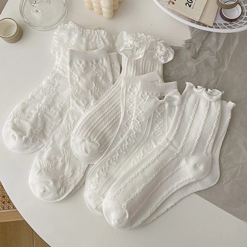 Lolita White Lace Socks Women Heart Bowknot Cotton Socks Femme Sweet JK Socks Ankle Dress Calcetine Medias