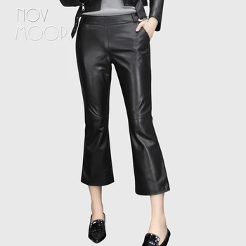 

Novmoop American fashion style young lady summer black ankle-length sheepskin genuine leather pants pantalon mujer LT3094