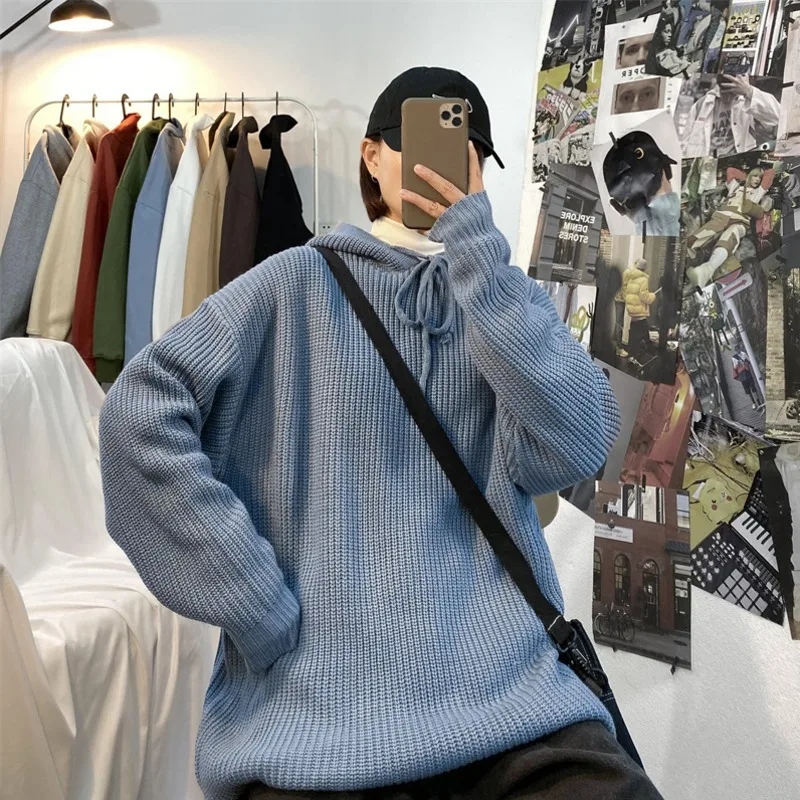 

Winter Hooded Sweater Men's Warm Fashion Solid Color Casual Knit Pullover Man Wild Loose Long-sleeved Sweater Male Clothes