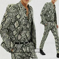 Snake Printed Men Suits Slim Fit Club Bar Wear Best Man Blazer Smoking Business Fashion 2 Peieces Set Customized Groomsman Suits 1
