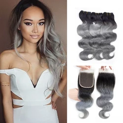 MOGUL HAIR T 1B Dark Grey Ombre Human Hair 2/3 Bundles with Closure Peruvian Body Wave Remy Hair Weave Extension Short Bob Style