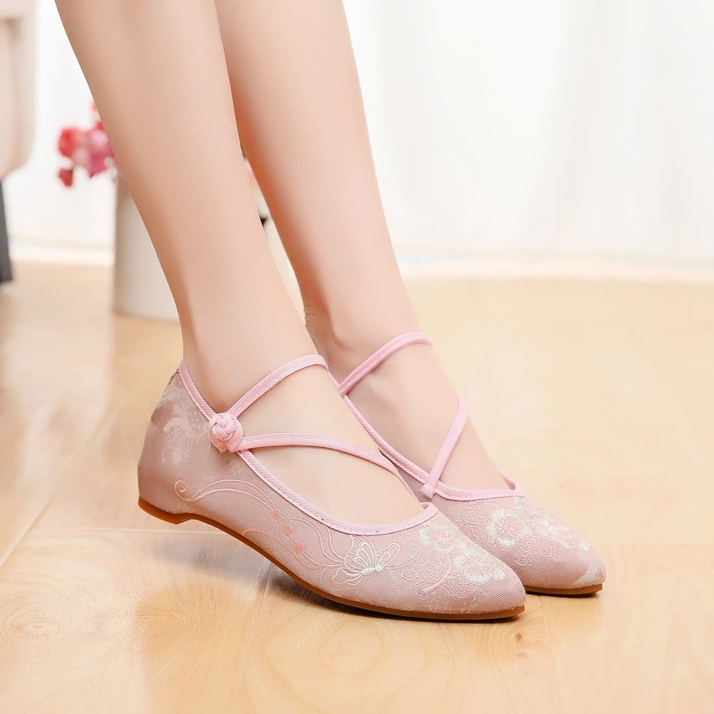 Veowalk Jacquard Cotton Fabric Women Pointed Toe Ballet Flats, Comfortable Casual Embroidered Flat Shoes Ladies Soft Ballerinas