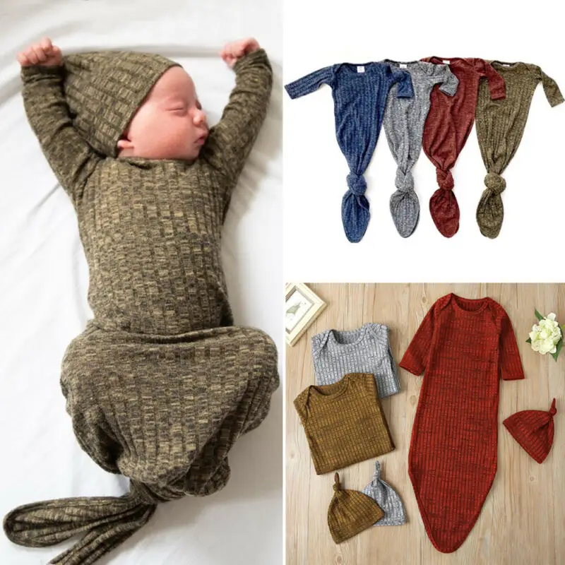 

CANIS Autumn Spring Infant Baby Girl Solid Knitted Long Sleeve Striped Swaddle Wrap Blanket Sleeping Bag+Hat Set 0-1Y