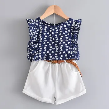 

2020 New Summer Girls blue Cute Short Sleeve Children's Floral Kids Girls Tops + Shorts 2 sets Fashion wholesale 3-7 Y