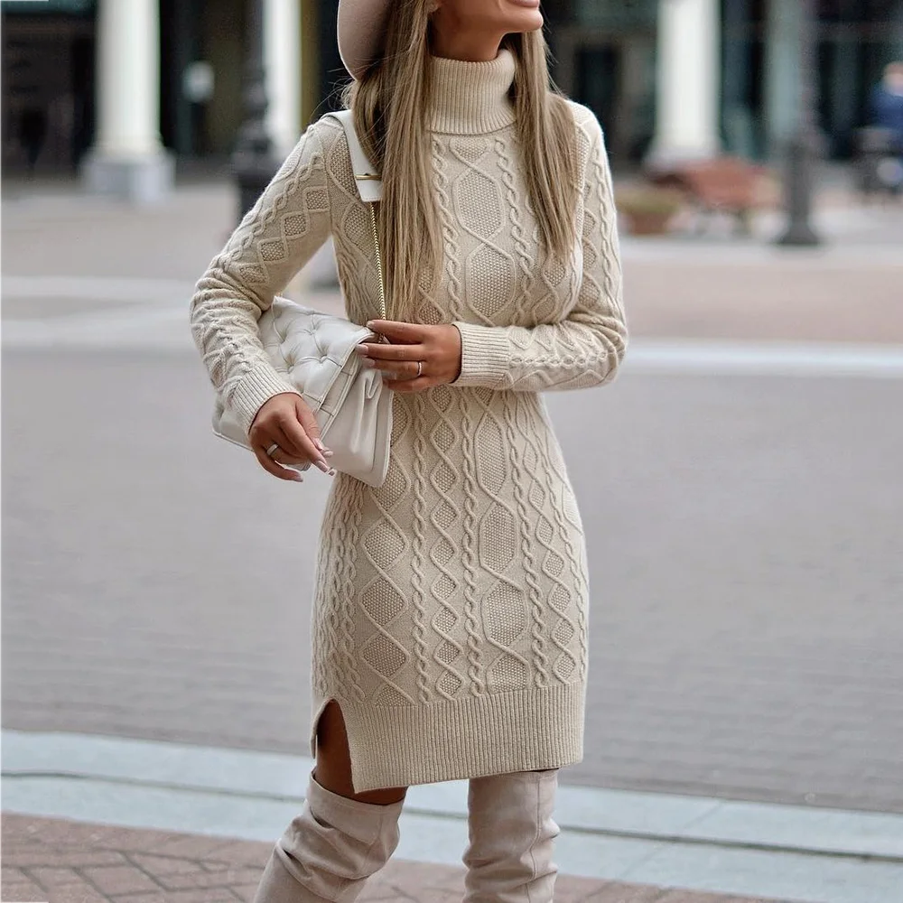 

Turtleneck knitted Sweater Dress Women Winter Pullover Fashion Warmness Casual Long Sleeve Jumper Sweaters Bodycon Short Dresses