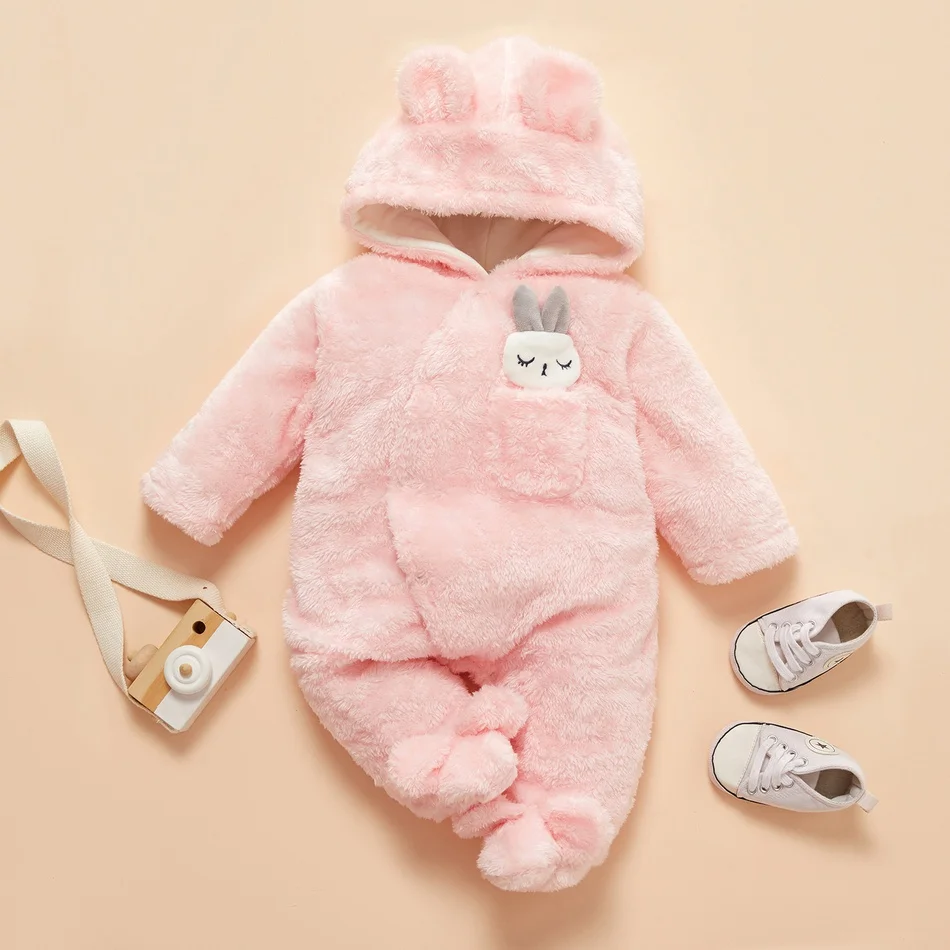 PatPat 2020 New Arrival Winter Baby Solid Fleece Rabbit Hooded JumpsuitBaby Unisex Sweet Jumpsuits Baby Clothes