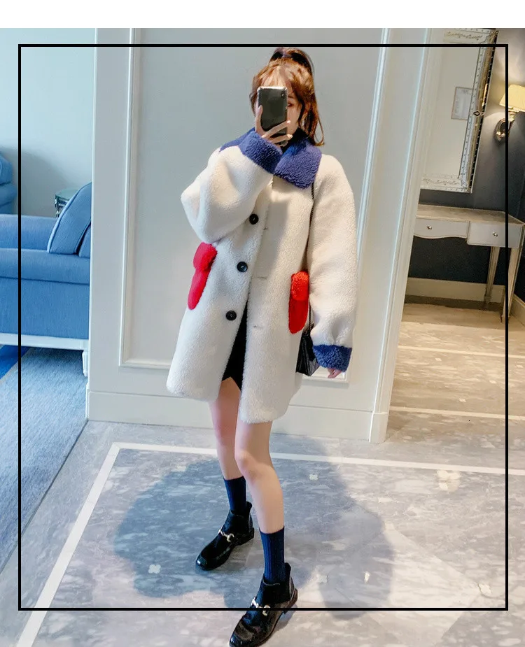 [EWQ] осеннее Новое милое белое пальто в стиле пэчворк с длинными рукавами и карманами корейского размера плюс зимняя утепленная куртка из овечьего меха QL601