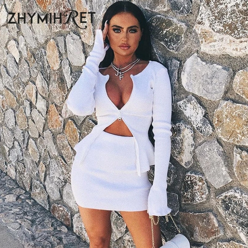 ZHYMIHRET осень 2019 кардиган на молнии спереди юбка-карандаш комплект из двух