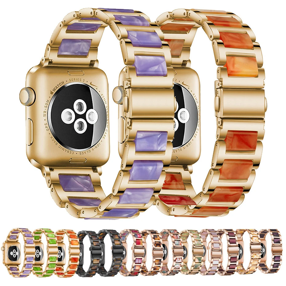 Resin Stainless Steel Strap For apple watch 44mm band 40mm 42mm 38 iWatch Series 5 4 3 2 Wrist Replacement Bracelet Accessories | Наручные