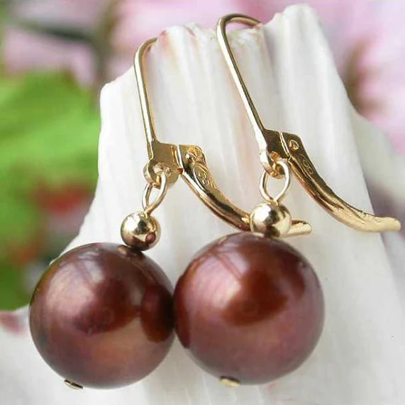 

New Arrival Favorite Pearl Jewelry Real Natural 12mm Coffee Round Freshwater Pearls 14k Good Dangle Earrings Charming Lady Gift