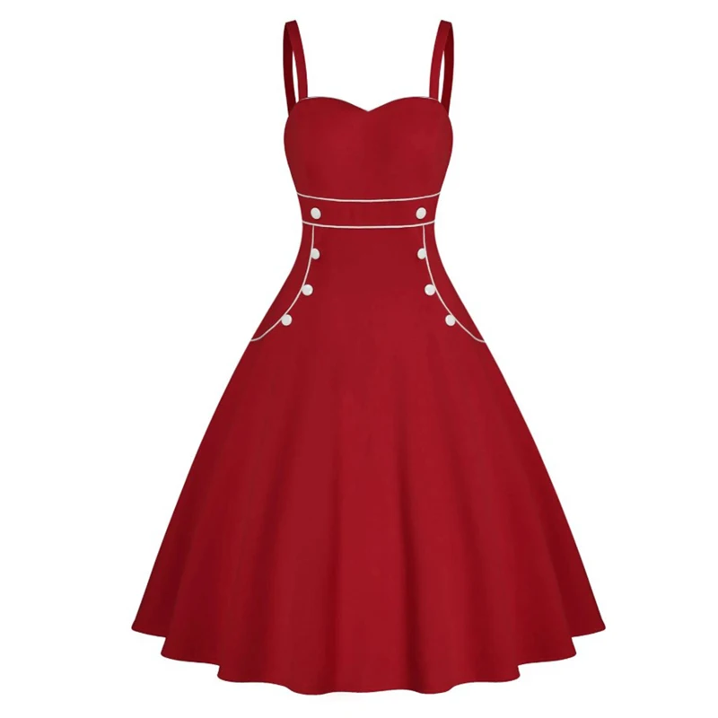 Tonval, женское двубортное платье с высокой талией, милое, на бретельках, 50 S, 60 S, Pinup, винтажное, летнее, тонкое, на бретельках, свободное платье - Цвет: Dark Red