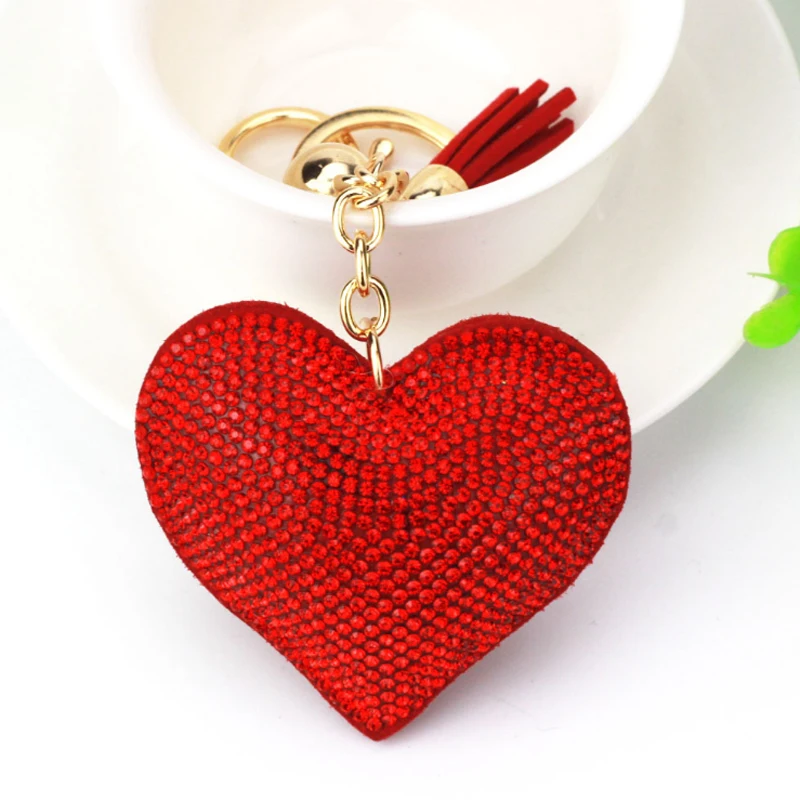 Fashion Keychain Heart Shape Female Full Glass Beads Key Covers Mosaic Leather Fringed Key Chain Car Ring Cap Gift - Color: 15