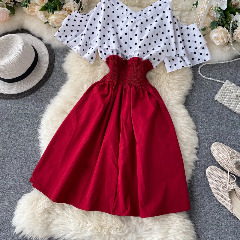 Boho Ruffles sexy Off shoulder polka dot print patchwork Summer short Dress Women slim waist dress casual a-line beach dress