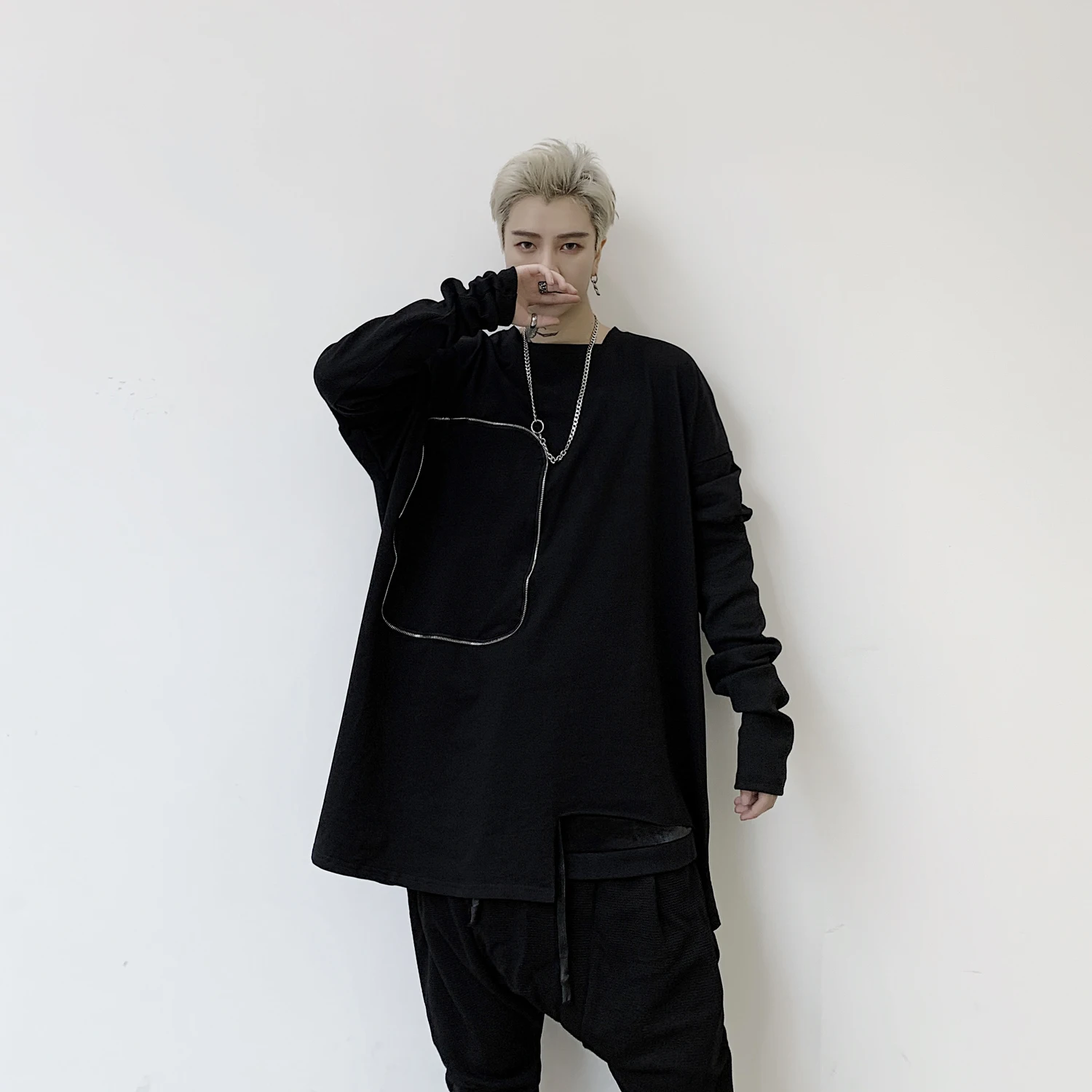 IEFB / Men's Clothes 2020 autumn Hip-hop Personality Hem Zipper Decoration Loose Long Sleeve T-shirt Big Size 9Y432 | Мужская одежда