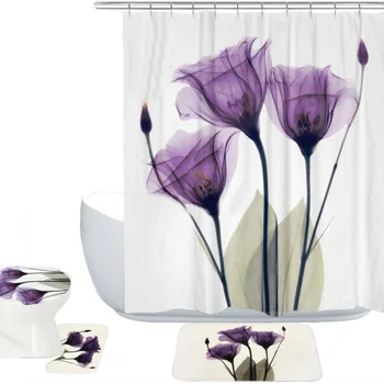 

3/4 PCS Flower Waterproof Bathroom Shower Curtain Non-Slip Toilet Seat Cover Toilet Cushion Bathroom Mat Carpet Shower Curtain