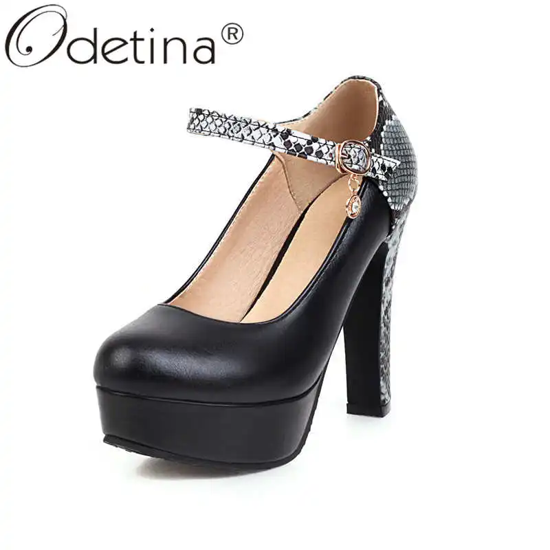 

Odetina Women Fashion Block Extreme High Heel Buckle Strap Round Toe Ladies Elegant Platform Crystal Snakeskin Mary Janes Pumps