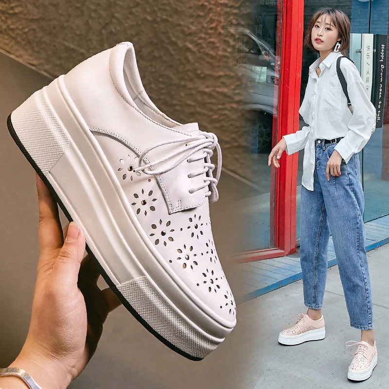 

Inside And Pure Leather Casual College Style Laser Varved Platform Shoes 2019 Spring And Summer New Style round-Toe White Shoes