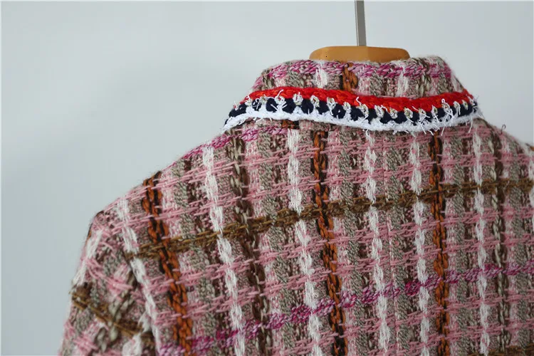 High Quality Tweed 2 Piece Set Fall Designer Pink Plaid Tweed Jacket Skirt Suit Single Breasted Wool Coat& One Step Skirt