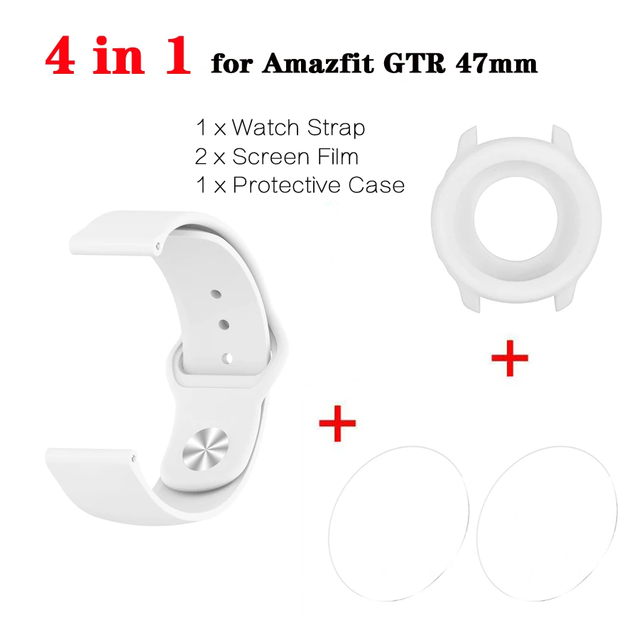 4 в 1 для Amazfit GTR ремешок браслет+ чехол для часов бампер+ Закаленное стекло протектор экрана для Huami Amazfit GTR 47 мм - Цвет: Белый