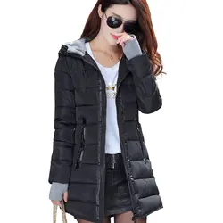 2019 Женское зимнее теплое пальто с капюшоном приталенного размера плюс яркие цвета с хлопковой подкладкой Базовая Женская куртка средней