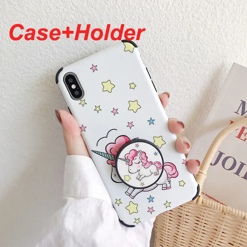Мягкий силиконовый чехол с мультяшным милым единорогом для iphone X iphone XS MAX, XR X 7, 8, 6, 6S Plus, coque, с держателем и шнурком - Цвет: Case with holder