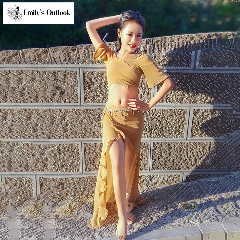 2 Piece Girls Belly Dance Skirt Long Sleeve Mesh Top Side Slit Skirt Autumn Winter Children Oriental Dance Practice Show Wear L