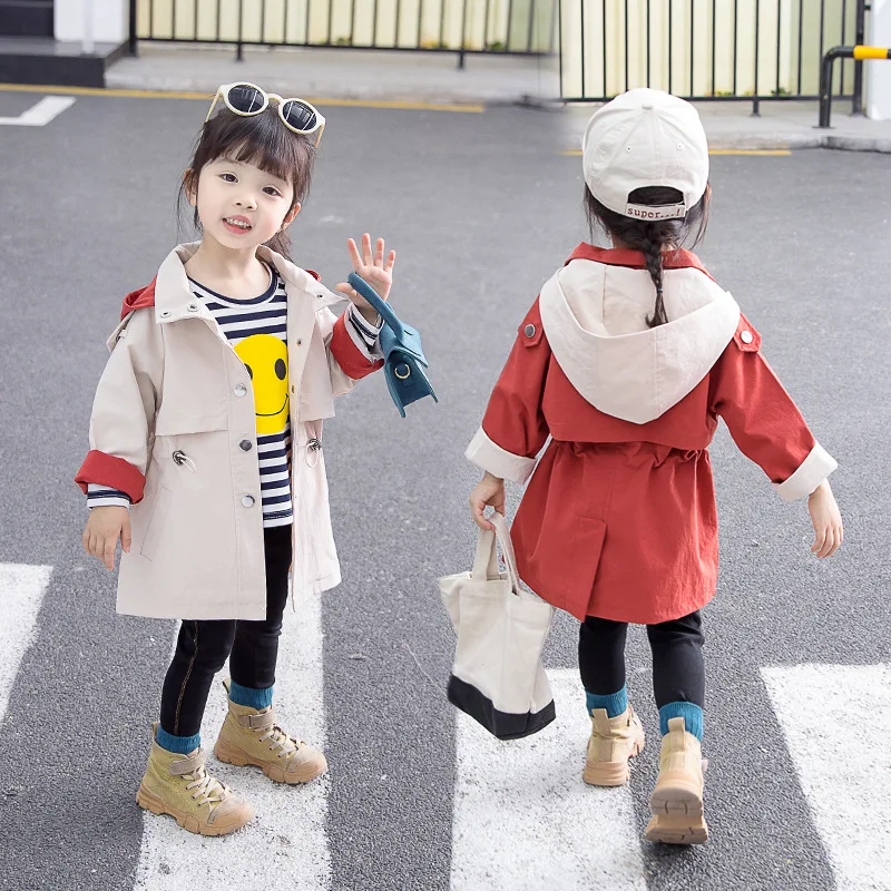 

Baby Girls Spring And Autumn Mixed Colors Hooded Trench Coat 2019 New Style Korean-style Children Women's Casual Coat