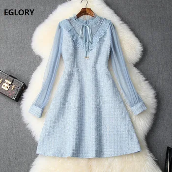 

High Quality Wool Dress 2019 Autumn Winter Vestidos Women Ruffled Collar Sexy Sheer Mesh Patchwork Long Sleeve Blue Black Dress