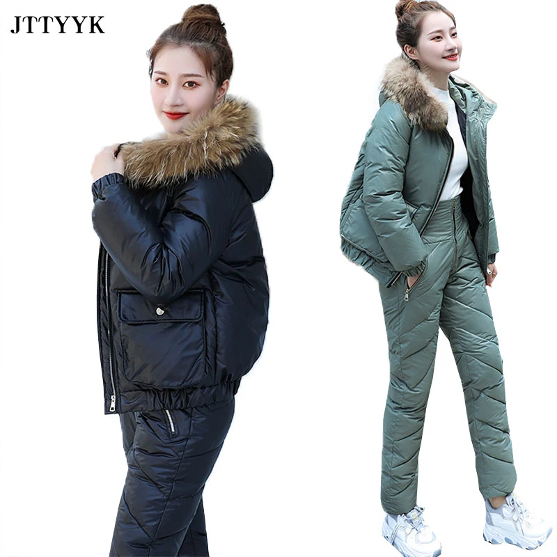 2021 Winter Jacket Woman Snow Cloths Warm Pant Suits Real Fur Collar Parka  Women Down Cotton Coat 2 pieces Set Outwear Ladies|Pant Suits| - AliExpress