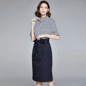 

Summer Skirt Suit Ladies Two-piece Fashion Commuter Turn Down Collar Striped Blouse Top + Solid Color Lace-up Waist Cotton Skirt