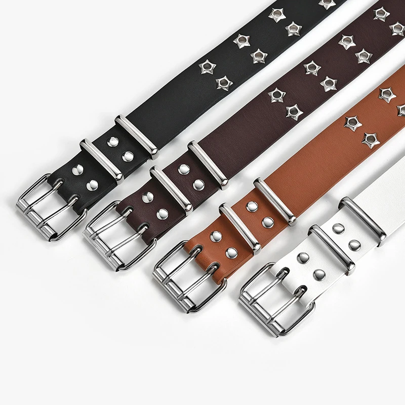 

Grommet Waist Belt Wide Belt Two Row Hole Double Star Eyelet Fashion Adjustable Punk Belt Double Alloy Pin Buckle PU Leather