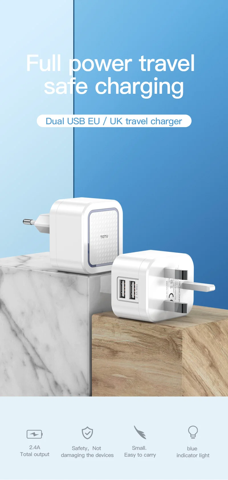 TOTU 2.4A ЕС Великобритания штекер двойной USB быстрое зарядное устройство для iPhone зарядное устройство для samsung Xiaomi телефон настенное зарядное устройство адаптер