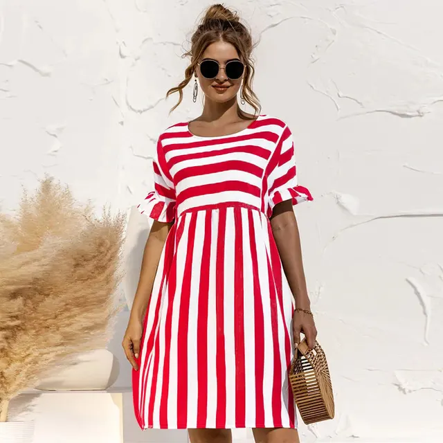 Dress Women Summer Cute Loose Striped Print Ruffles Sleeves Dresses Elegant A Line Patchwork Beach Party Female Dress Vestidos WDA4012-RED