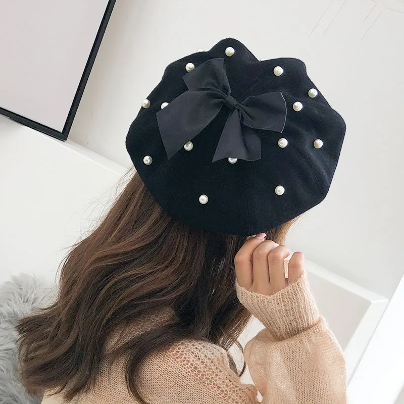 

Pearl Bow Berets Women Winter Wool Cap Vintage Cashmere Female Adjustable Hats Girls Flat Caps Lady Fashion Accessories Gorros