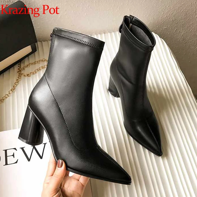 

krazing pot fashion basic clothing Korean girl microfiber leather high heels pointed toe keep warm solid color ankle boots l57