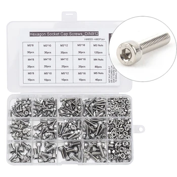 

480Pcs/set M3 M4 M5 DIN912 304 Stainless Steel Hexagon Socket Head Cap Screws Hex Socket Bicycle Bolts Kit HW003