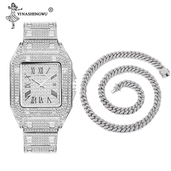 

Hip Hop 19MM Necklace & Men Square Quartz Watch Combet Set Gold Color Iced Out Paved Rhinestones Cuban Chain CZ Bling Jewelry