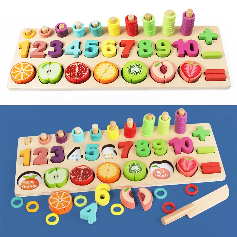 

Children Cut Fruit Three-in-One Numbers Board with Numbers Color Cognitive Shape Matching Early Childhood Educational Force Wood