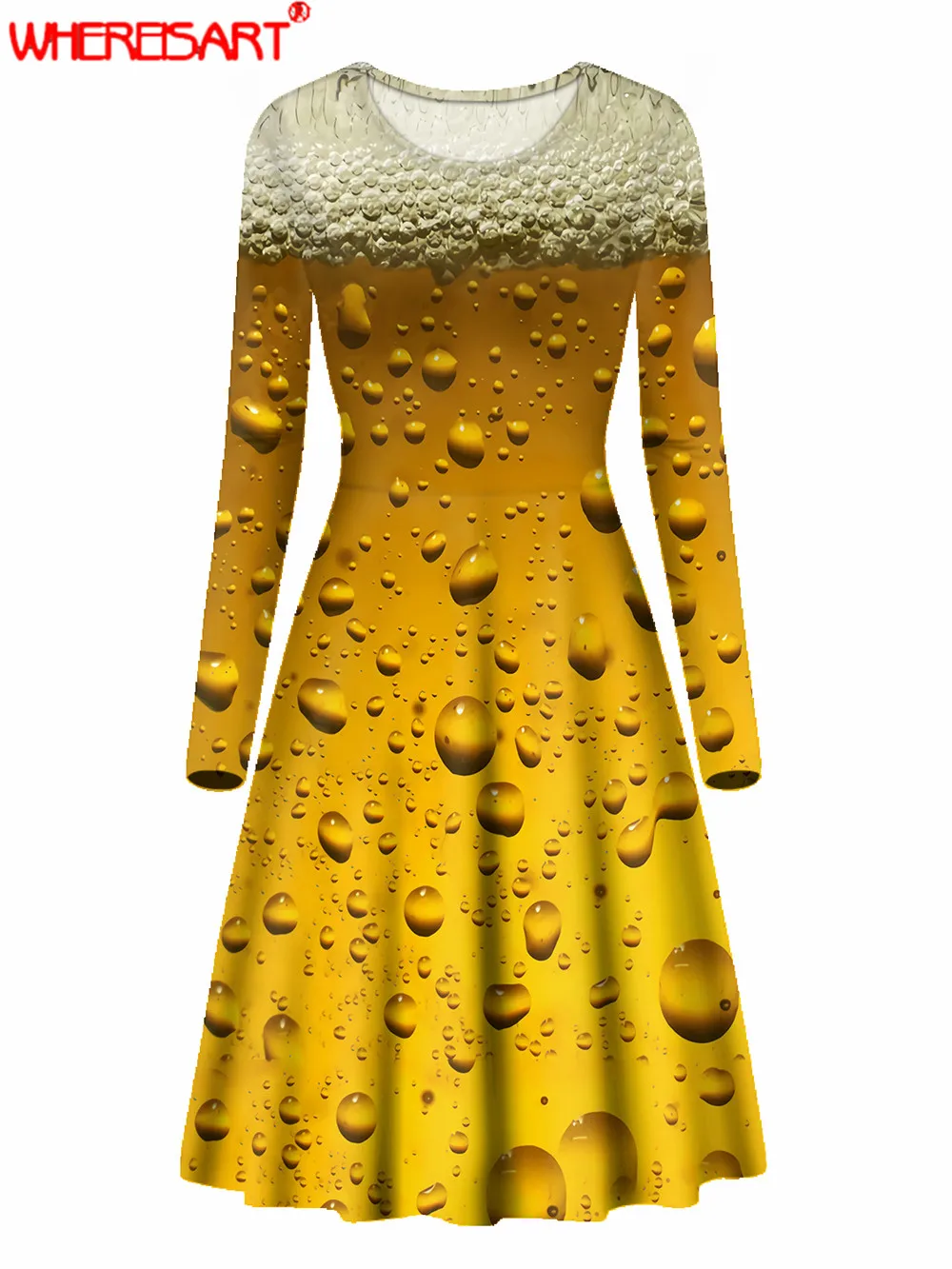 WHEREISART-vestido de talla grande con estampado 3D de cerveza, manga larga, elegante, Retro, cuello redondo, Otoño, elástico