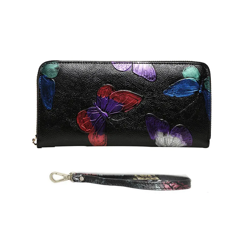 Женский кошелек из натуральной кожи с цветочным принтом, Женский кошелек, длинные женские кошельки и кошельки из коровьей кожи, женский клатч - Цвет: butterfly wallet