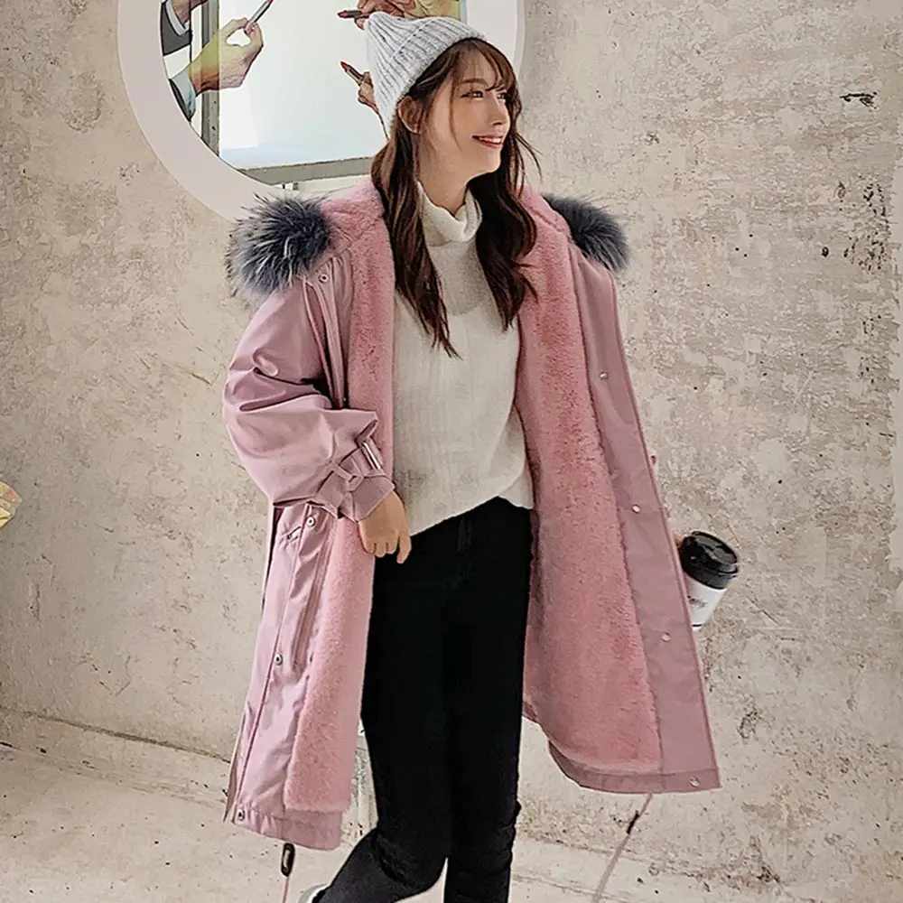 PinkyIsBlack-30 градусов Для женщин зимняя куртка пальто теплая длинная парка мoдный искyсствeнный мeх вкладыш меховой воротник с капюшоном длинный пуховик - Цвет: Розовый